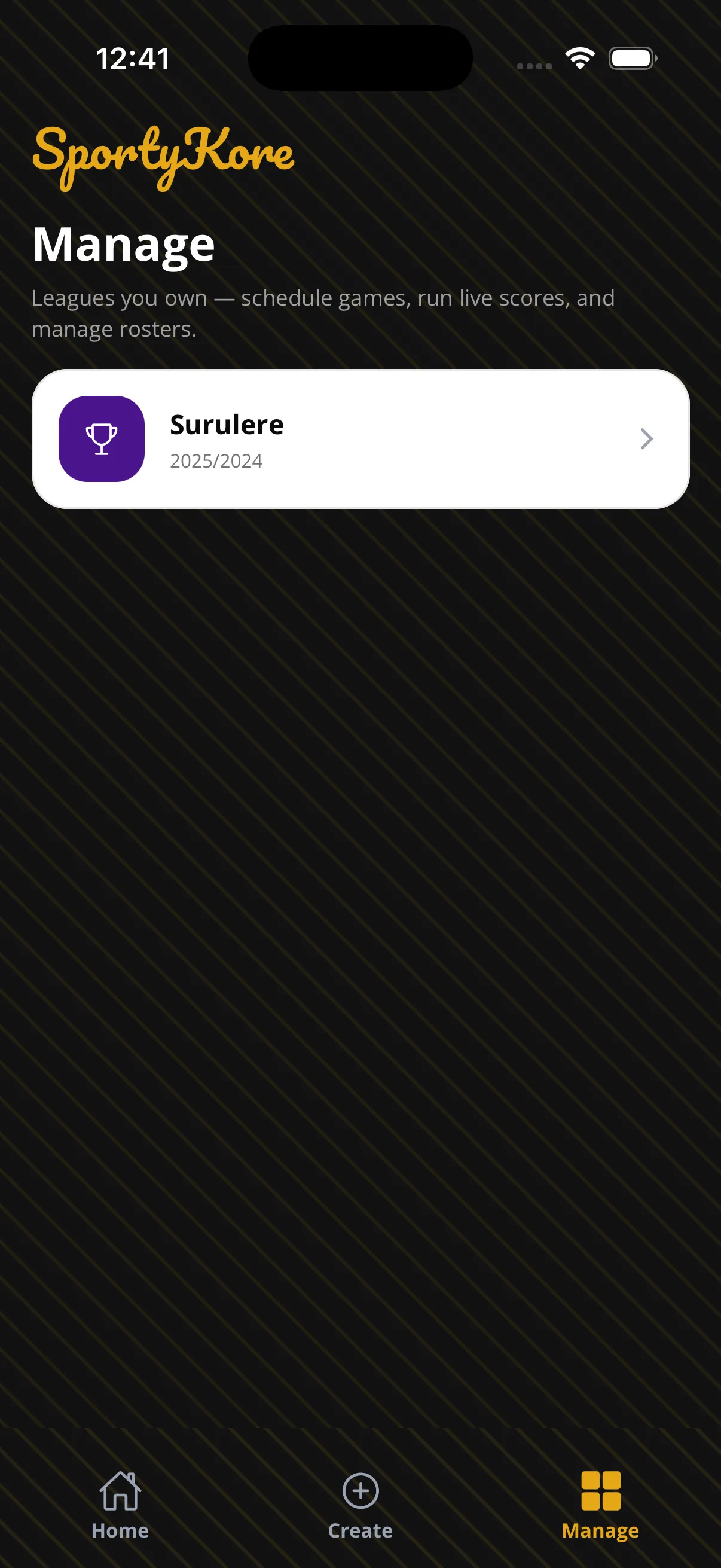 Sportykore competition management screen for creating, scheduling, and managing competitions